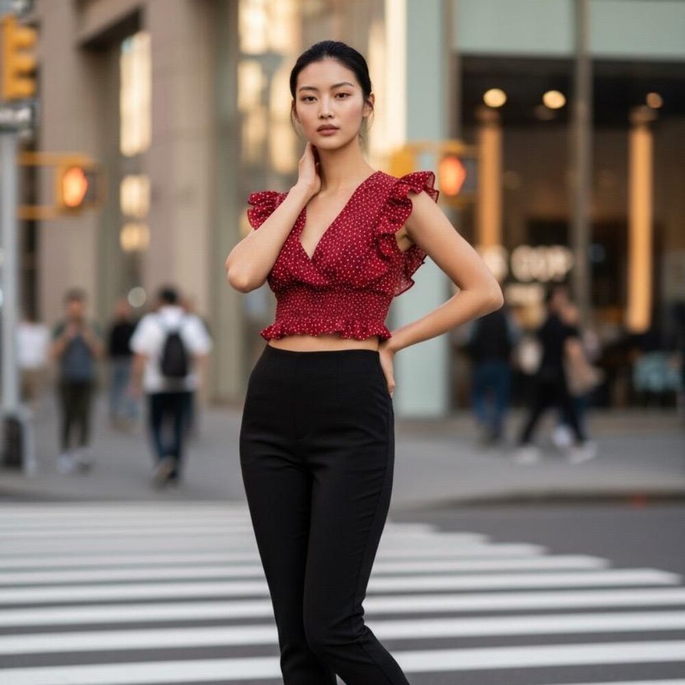 Red polka dot ruffled crop top with bow at the front and back – Size M ❤️✨